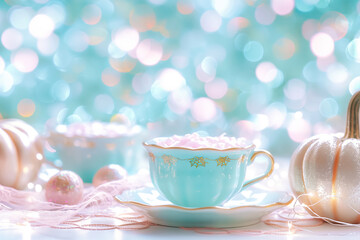 Charming Tea Cup Filled with Soft Marshmallows Surrounded by Festive Seasonal Decor in Soft Pastel Colors for Autumn Celebrations