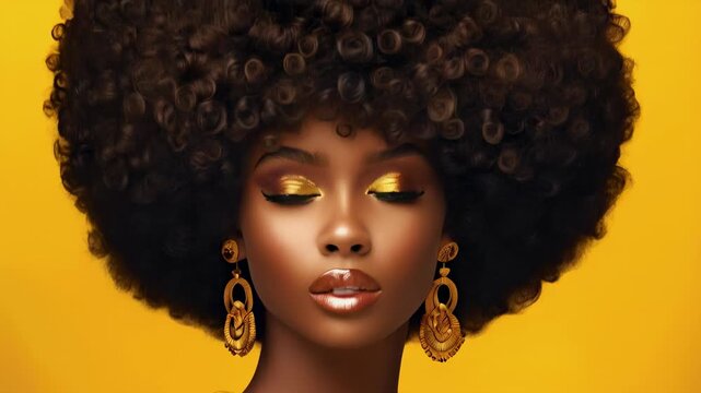 A captivating portrait featuring a woman with a majestic afro hairstyle, showcasing her striking beauty and vivid golden accessories