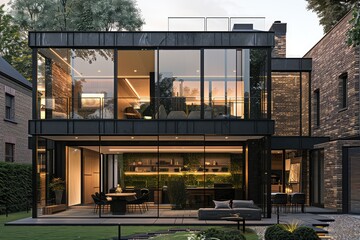 Fototapeta premium Beautiful modern house exterior with grass field Modern residential district