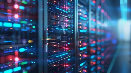 Naklejka premium a wall of servers in a data center with colorful lights on them and a blurry background of the room..