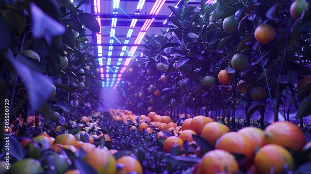 Poster Oranges and green citrus fruits thrive in a greenhouse illuminated by colorful LED lights, creating a striking visual atmosphere.