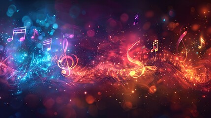 a colorful music background with notes and lights