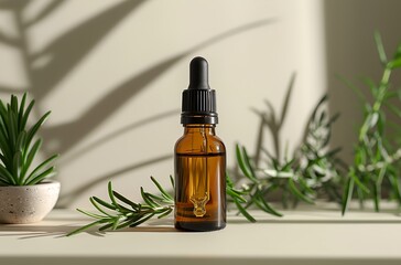 a bottle of essential oil sitting next to a potted plant on a table