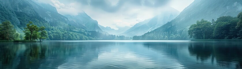 Serene Mountain Lake with Misty Peaks and Lush Greenery in Tranquil Morning Light