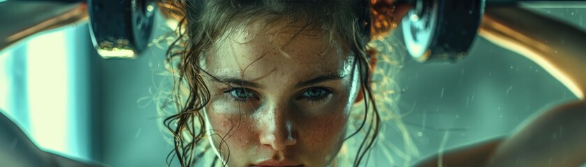 Intense Workout: Determined Woman Lifting Weights with Focus and Strength in a Gym Setting