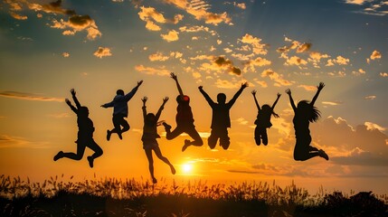 Energetic Friends Silhouetted Against Vibrant Sunset Backdrop