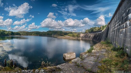 Obraz premium Expansive Panoramic View of a Towering Dam and Vast Reservoir Landscape