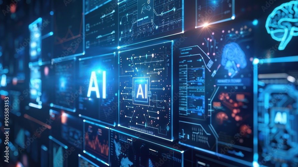 Wall mural ai brain computer interface technology with holographic display and digital technology or holographi