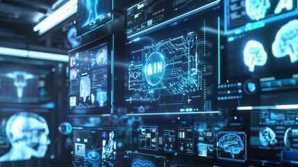 Obraz premium AI brain computer interface technology with holographic display and digital technology or holographic images Dark blue background with neon pattern.