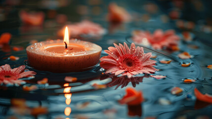 Serene Spa Setting with Floating Candle and Gerbera Daisy, generative ai
