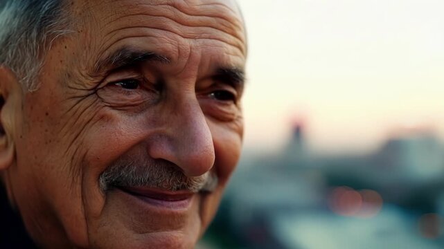 An older man with a weathered face and a le in his eye eagerly anticipating soing with a mix of excitement and nostalgia. The background is a blurred image of a cityscape adding to