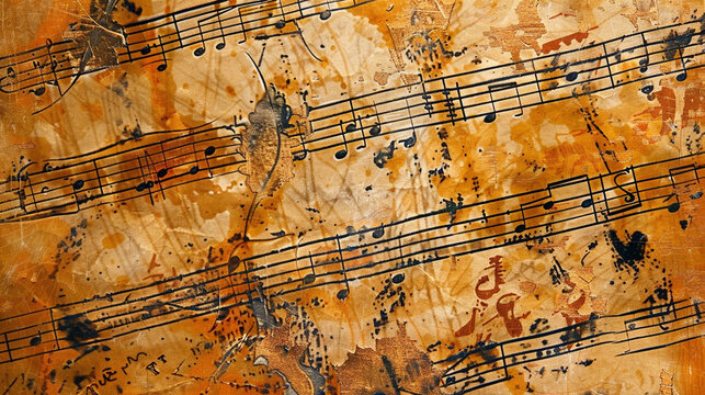 Close-up of a musical sheet with abstract, intricate notes and symbols