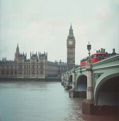  vintage photo of Big Ben and Victorian houses on the side, a bridge over the River Thames in London with a red double decker bus passing in the style of