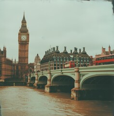 A vintage photo of Big Ben and Victorian houses on the side, a bridge over the River Thames in London with a red double decker bus passing in the style of