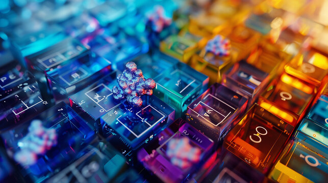 Close-up of a periodic table with abstract, detailed element symbols and colors