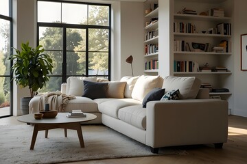 A living room interior with white wall and panoramic window with City View