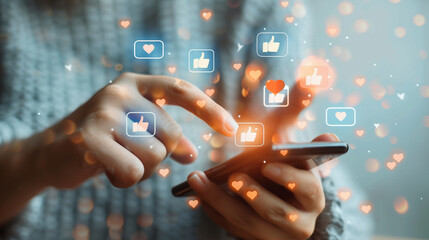 Hands Holding Smartphone: Immersive Social Media Interface with Futuristic Digital Elements