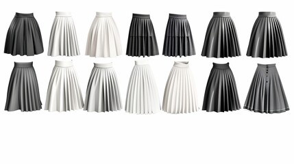 Vector illustration of different model skirts on a white background Pleated skirt mockup in white gray and black variations