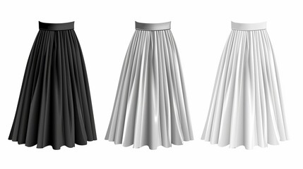 Vector illustration of different model skirts on a white background Pleated skirt mockup in white gray and black variations
