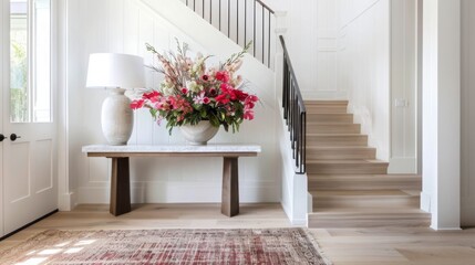A bright entryway features a stylish table adorned with a large floral arrangement and a sleek lamp, complemented by a modern staircase.