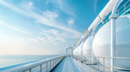 Fototapeta premium A view of a ship with a white railing and a sunset in the background