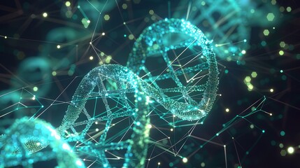 A complex network of glowing blue and green DNA strands interconnected with digital nodes symbolizing a data network in medicine.