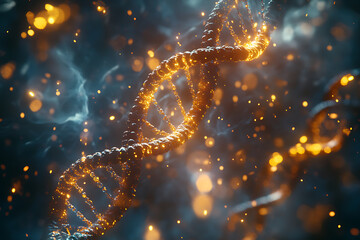 An illustration depicting DNA, showcasing its double-helix structure and highlighting the fundamental building blocks of genetics. The scene emphasizes the importance of DNA in biological research, ge