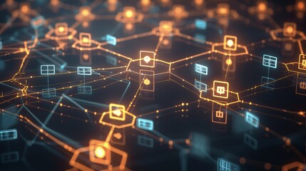 A conceptual visualization of a data exchange protocol with encrypted data packets traveling between server icons, emphasizing security and privacy. 