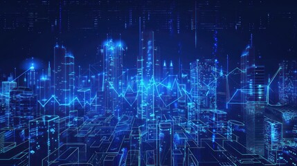 Obraz premium Abstract futuristic city skyline with glowing hologram buildings on dark blue background