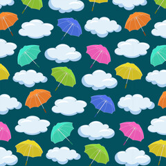 Umbrellas and clouds in a pattern.Vector seamless pattern with clouds and colorful umbrellas on a colored background.
