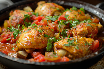 Fototapeta premium Chakhokhbili - chicken stew with cilantro (parsley) in tomato sauce in a clay bowl. Traditional dish of georgian cuisine.