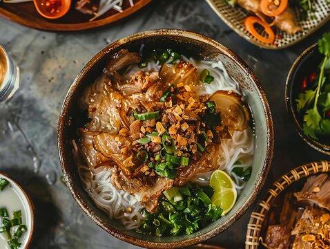 Cao Lau. The most popular Vietnamese dishes. A regional noodle dish from Hoi An, featuring thick rice noodles, slices of pork, fresh greens, and crispy rice crackers.