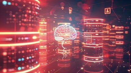 A digital landscape illustrating the integration of CRM with artificial intelligence, showing streams of data flowing between a brain-shaped icon and a database symbol