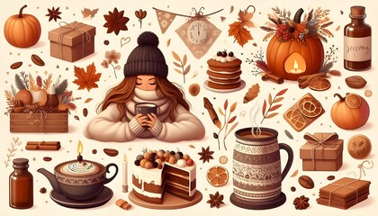 a poster of a woman sitting on a table with a cup of coffee and a plate of food.

