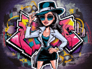 Fototapeta premium Cool strong fashion female.Cartoon style of colorful urban artwork. Beautiful young lady. Spray paint fashion poster. Street art.Graffiti woman illustration. Pop art modern graphic design