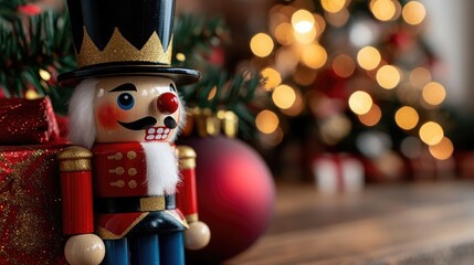 A festive nutcracker decoration stands beside a gift, with a beautifully lit Christmas tree in the background.
