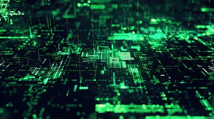 A futuristic abstract pattern with digital pixel distortions and glitches in a palette of cyber green and black, suitable for a tech-themed environment.