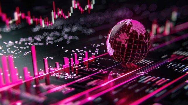 A digital globe with vibrant pink data visualizations, representing global connectivity and modern technology trends.