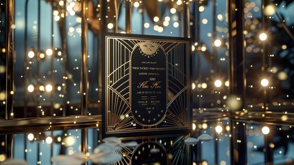 A glamorous wedding invitation card mockup with art deco elements, presented on a mirrored surface reflecting twinkling lights for a glamorous effect.