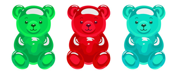 Colorful gummy bears. Jelly bear fruit gummies. Vector isolated illustration