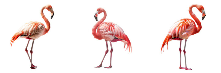 Set of a flamingo standing gracefully, showcasing its vibrant pink feathers and elegant posture, isolated on a transparent background.