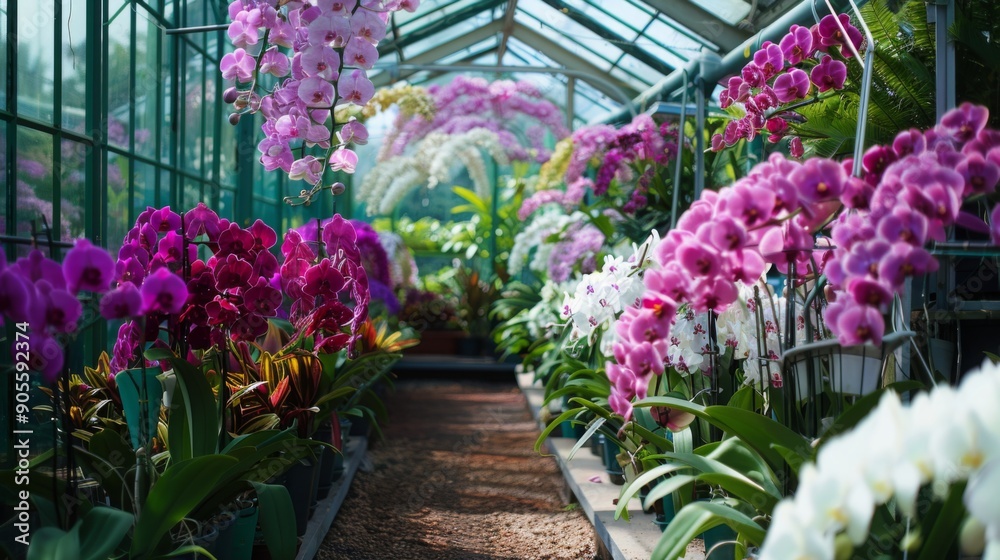Poster A lush greenhouse filled with an array of vibrant orchids in shades of purple and white, creating a serene environment.