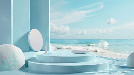 Fototapeta premium Tropical flowers and sea background enhance the appearance of cosmetic products on the podium for presentations