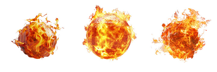 Set of a close-up view of a fiery orb resembling a fireball, isolated on a transparent background.