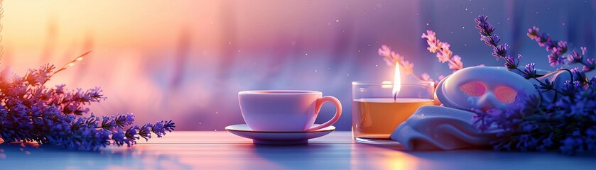 Fototapeta premium A relaxing bedtime routine setup with a cup of chamomile tea, a sleep mask, and a lavender-scented candle, high detail