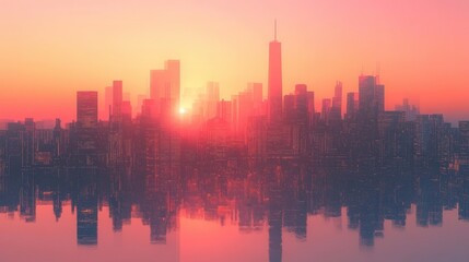 Fototapeta premium Holographic skyline at golden hour, 3D illustration, sunset urban tranquility