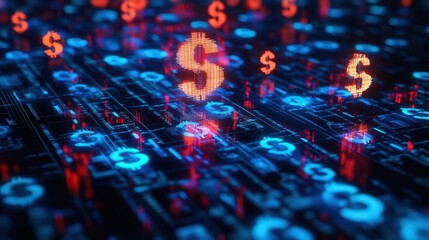 Abstract digital background featuring glowing dollar signs and circuits, representing finance, technology, and data exchange.