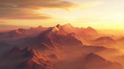 Naklejka premium Breathtaking mountain landscape at sunset, showcasing vibrant colors and dramatic peaks under a serene sky.