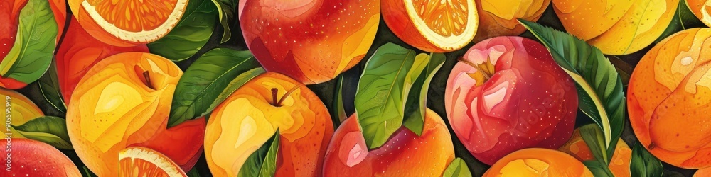 Poster illustration of repeating mangoes apples peaches and oranges