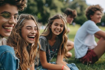 A cheerful group of happy young friends delight in a beautiful sunny day outdoors, sharing joyful laughter together